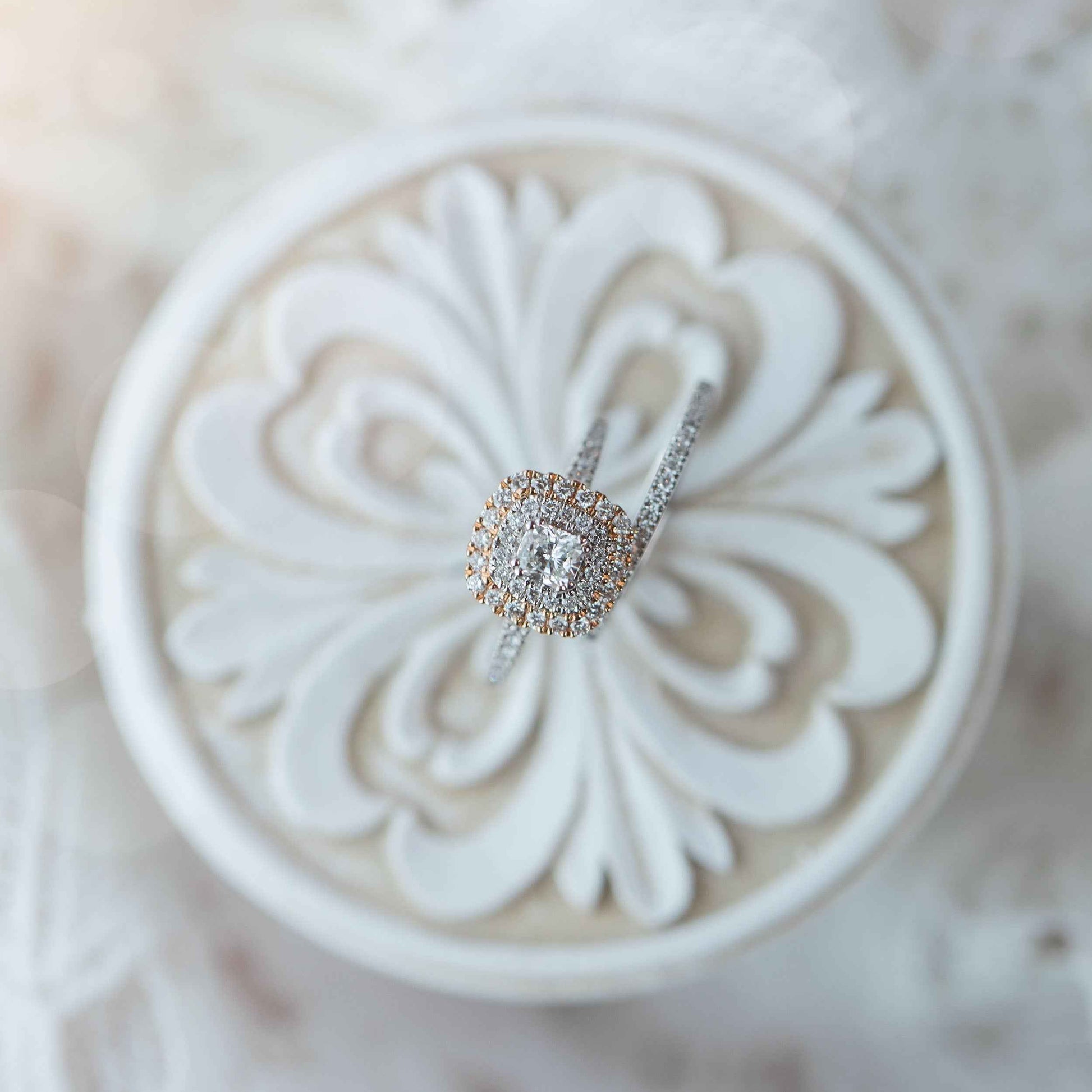 Amaura Collection 7/8 ct. tw. Cushion Cut Double Halo Diamond Wedding Set in 14K Two-Tone Gold side profile