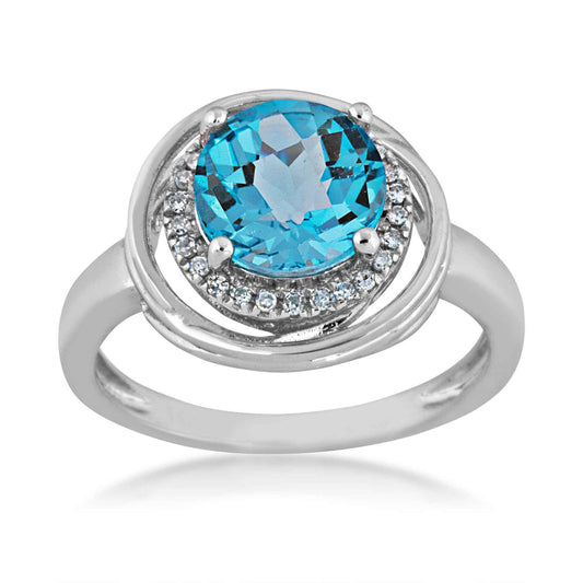 Blue Topaz and Diamond Ring in 14 Kt. White Gold front view