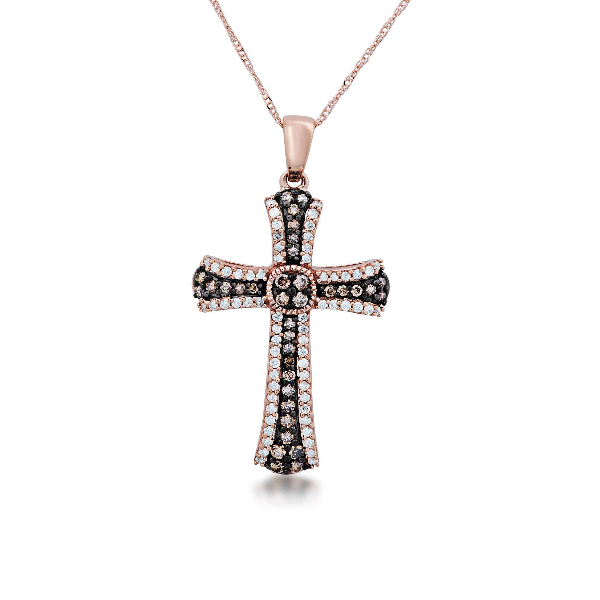 Mocha Collection 1/2 ct. tw. Round Mocha & White Diamond Cross Pendant with Black Rhodium Plating Center in 10K Pink Gold