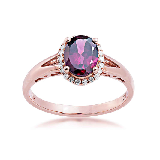 Oval Garnet and 1/8 ct. tw. Diamond Halo Fashion Ring with Split Shank in 10K Pink Gold