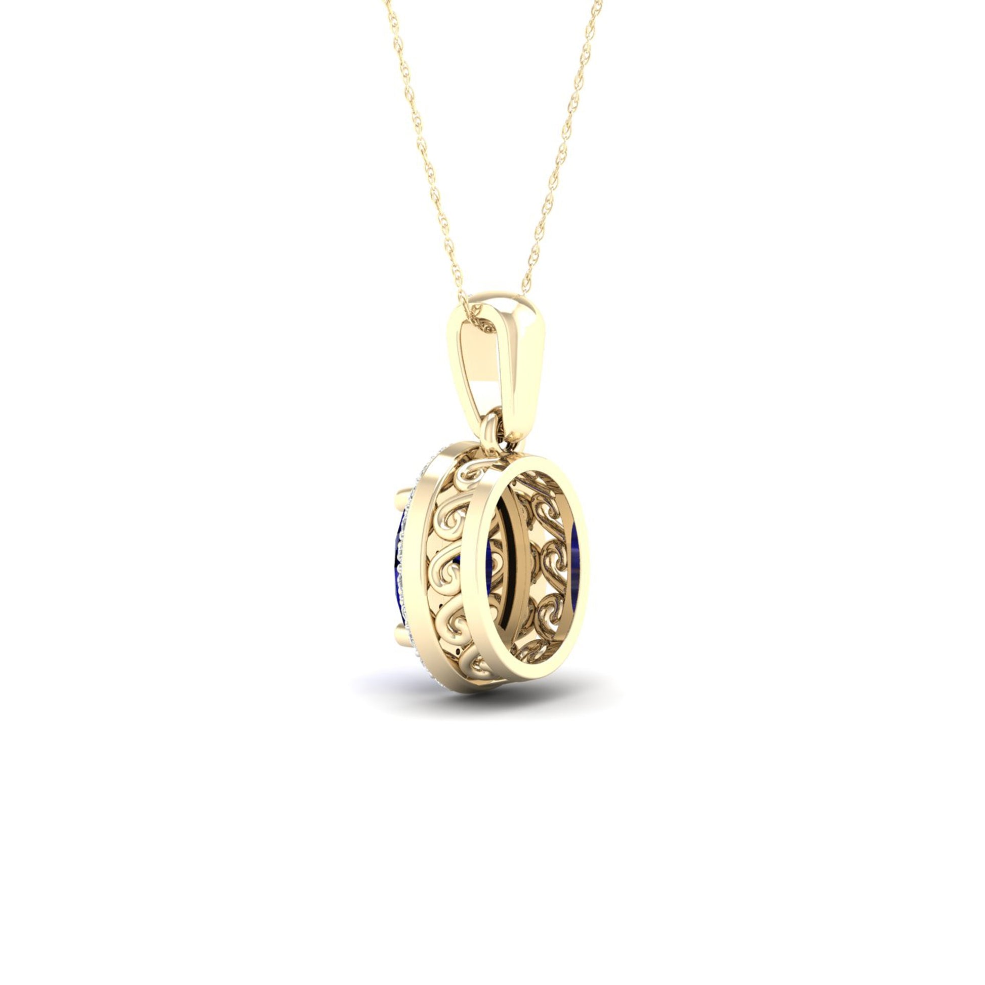 Oval Sapphire and Diamond Accent Halo Pendant with Milgrain and Filigree Design in 10K Yellow Gold close-up detail