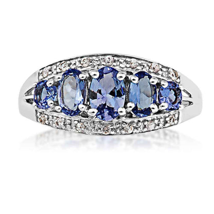 Genuine Oval Tanzanite Fashion Ring with Diamond Accent in Sterling Silver front view