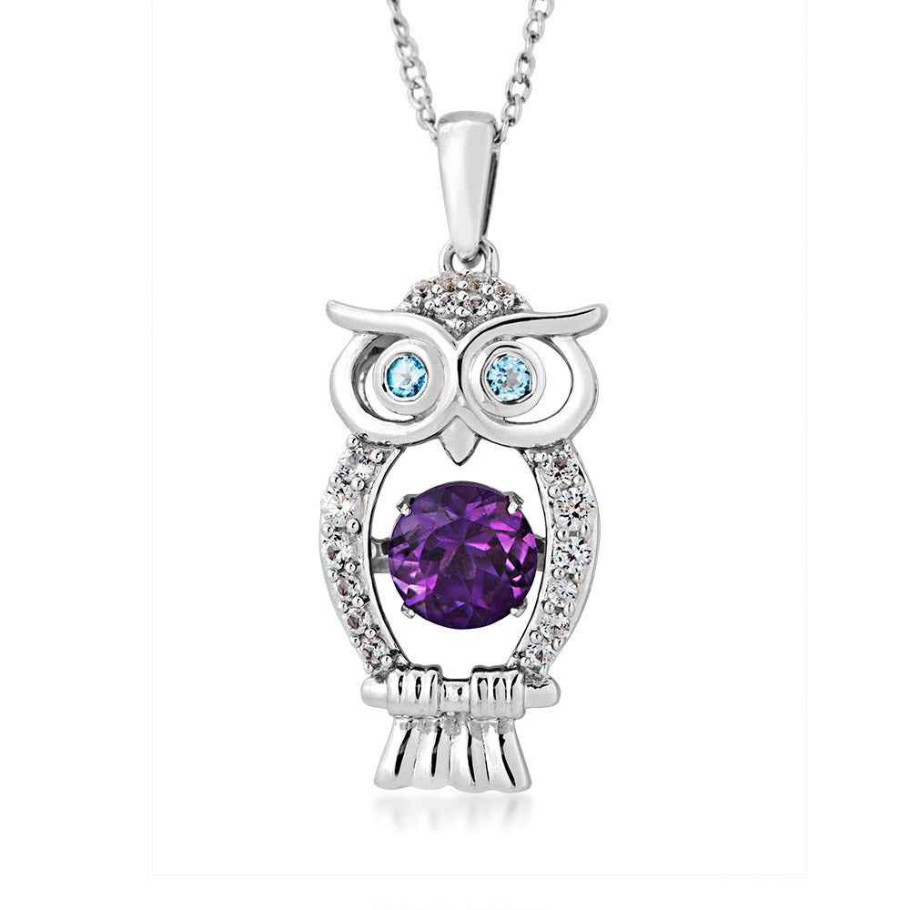 Round Twinkling Amethyst, Blue Topaz and Created White Sapphire Owl Pendant in Sterling Silver