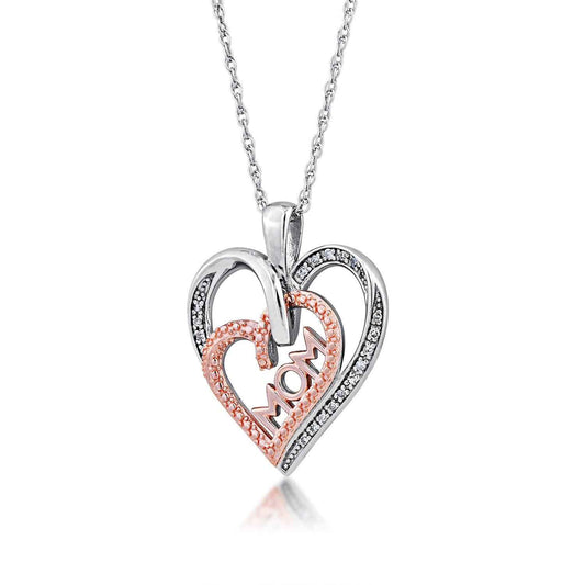 .08 ct. tw. Diamond Heart -inchMom-inch Pendant with Rose Plated Accent in Sterling Silver