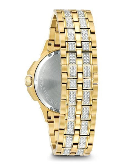 Bulova Crystal Collection Men's Embellished Watch with Multifunction Movement in Gold-Tone Stainless Steel close-up detail