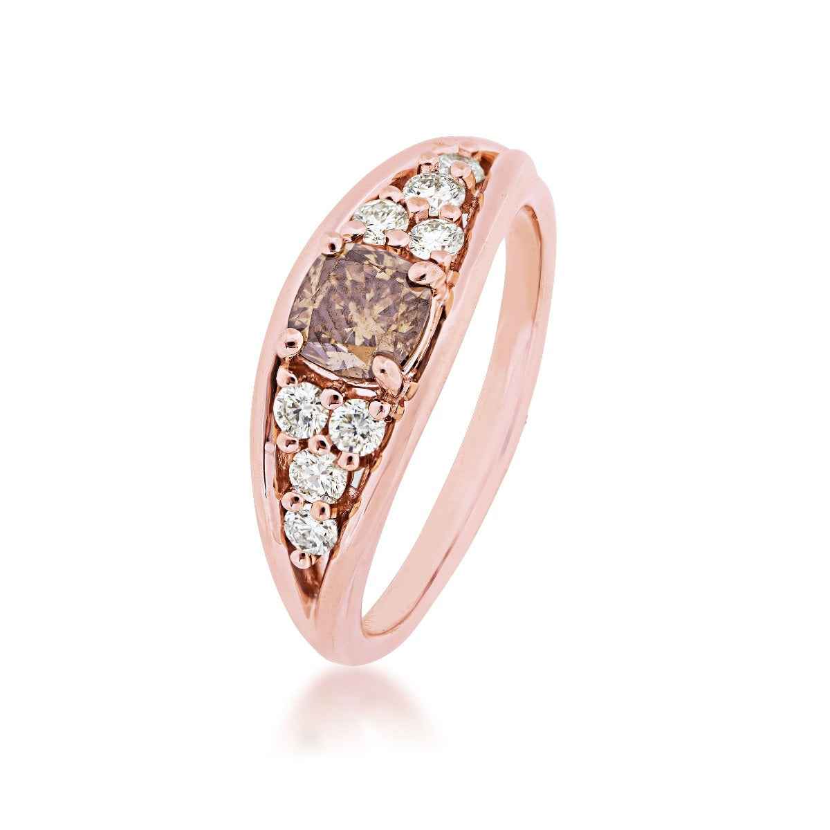 Mocha Lux 3/4 ct. tw. Cushion Cut Mocha Diamond and White Diamond Accented Anniversary Ring in 14K Pink Gold front view