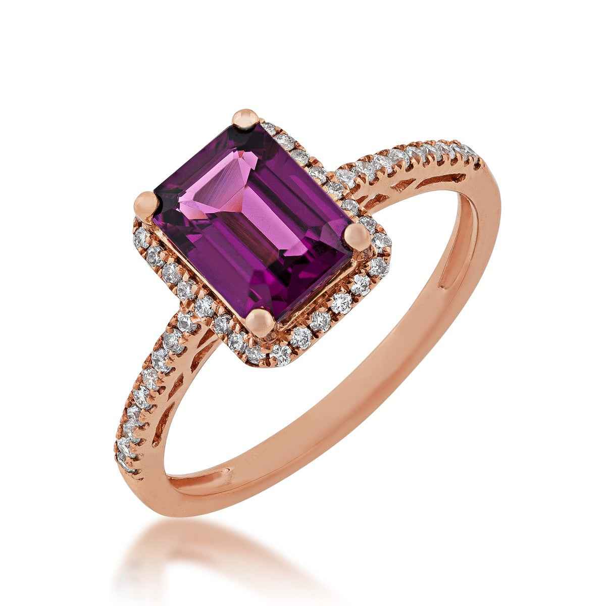 Emerald Cut Rhodolite Garnet and 1/5 ct. tw. Diamond Halo Ring in 10K Pink Gold front view
