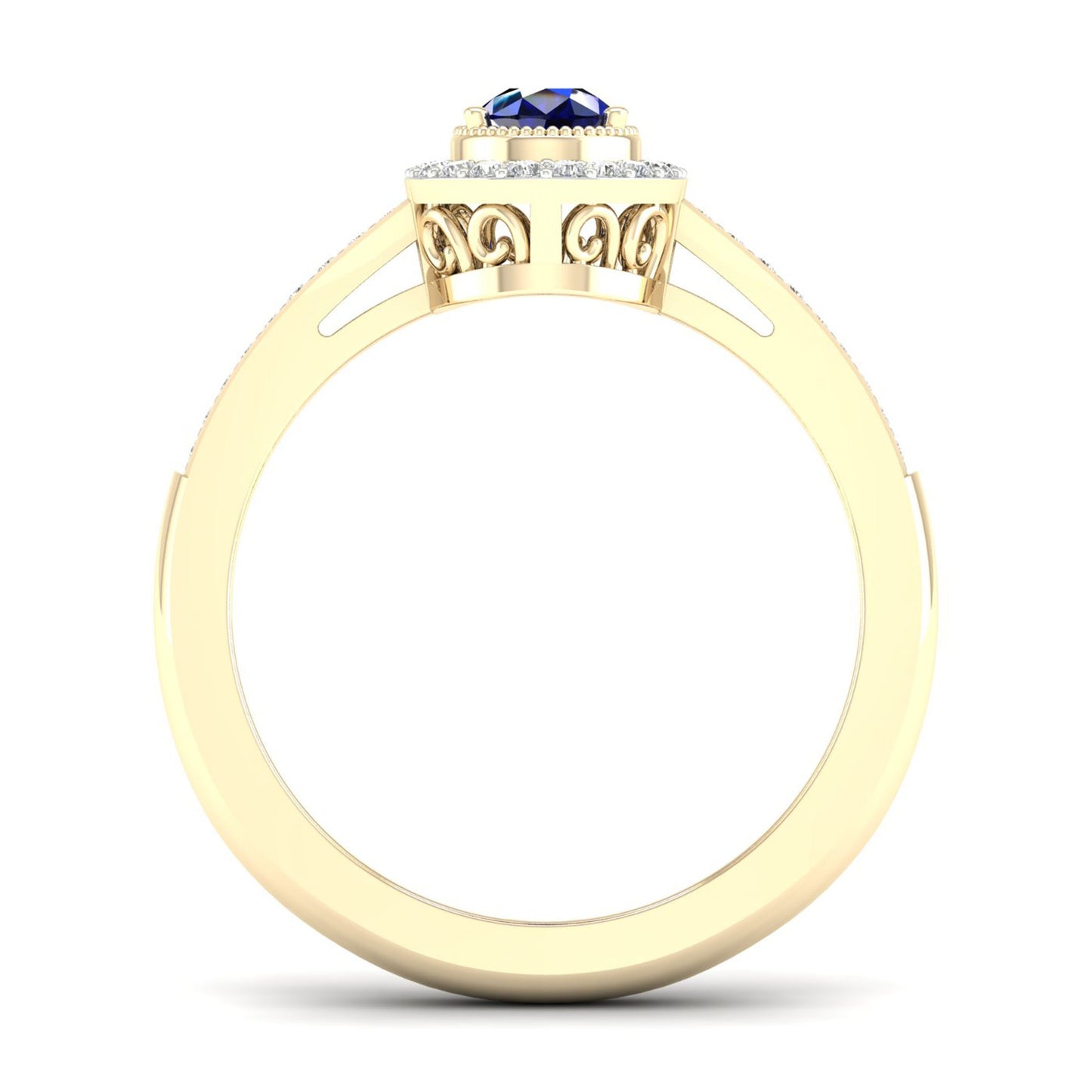 Blue Pear-Shaped Sapphire and 1/8 ct. tw. Diamond Halo Ring with Milgrain and Filigree Design in 10K Yellow close-up detail