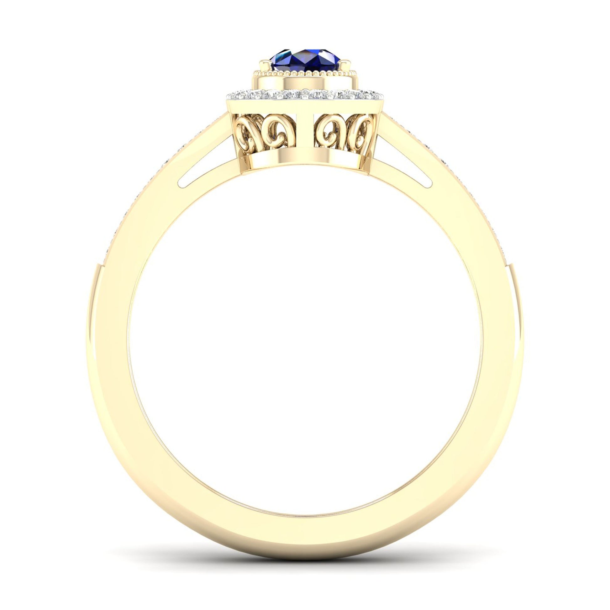 Blue Pear-Shaped Sapphire and 1/8 ct. tw. Diamond Halo Ring with Milgrain and Filigree Design in 10K Yellow close-up detail