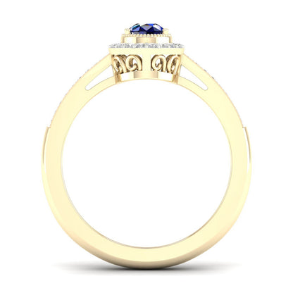 Blue Pear-Shaped Sapphire and 1/8 ct. tw. Diamond Halo Ring with Milgrain and Filigree Design in 10K Yellow close-up detail