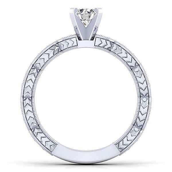 Gabriel & Co. 1/8 ct. tw. Diamond Vintage Round Semi-Mount Engagement Ring in 14K White Gold close-up detail