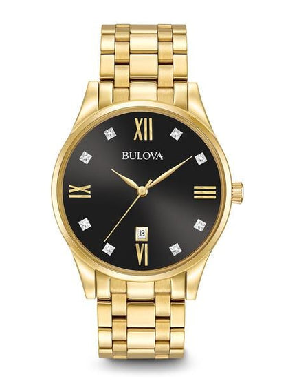 Bulova Diamond Collection Men's Black Dial Watch with 8 Diamond Hour Accents in Gold-Tone Stainless Steel - 97D108