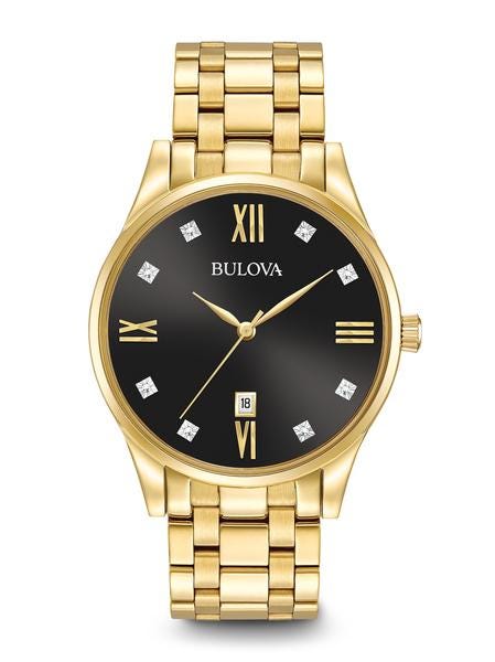 Bulova Diamond Collection Men's Black Dial Watch with 8 Diamond Hour Accents in Gold-Tone Stainless Steel - 97D108