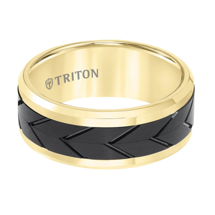 Triton Men's 8mm Yellow Tungsten Band with Black Tread Design Center