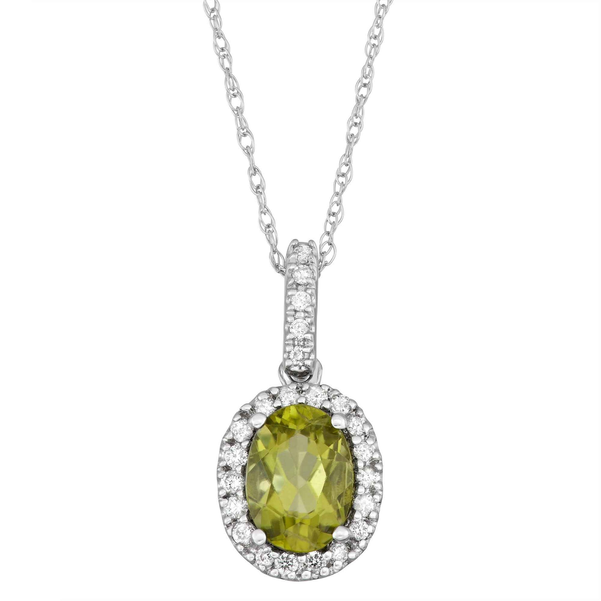 Genuine Oval Peridot Fashion Pendant with 1/10 ct. tw. Diamond Halo & Bail in 10K White Gold