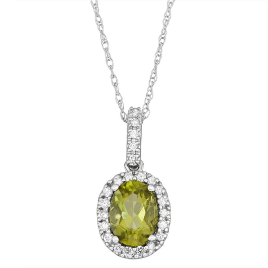 Genuine Oval Peridot Fashion Pendant with 1/10 ct. tw. Diamond Halo & Bail in 10K White Gold