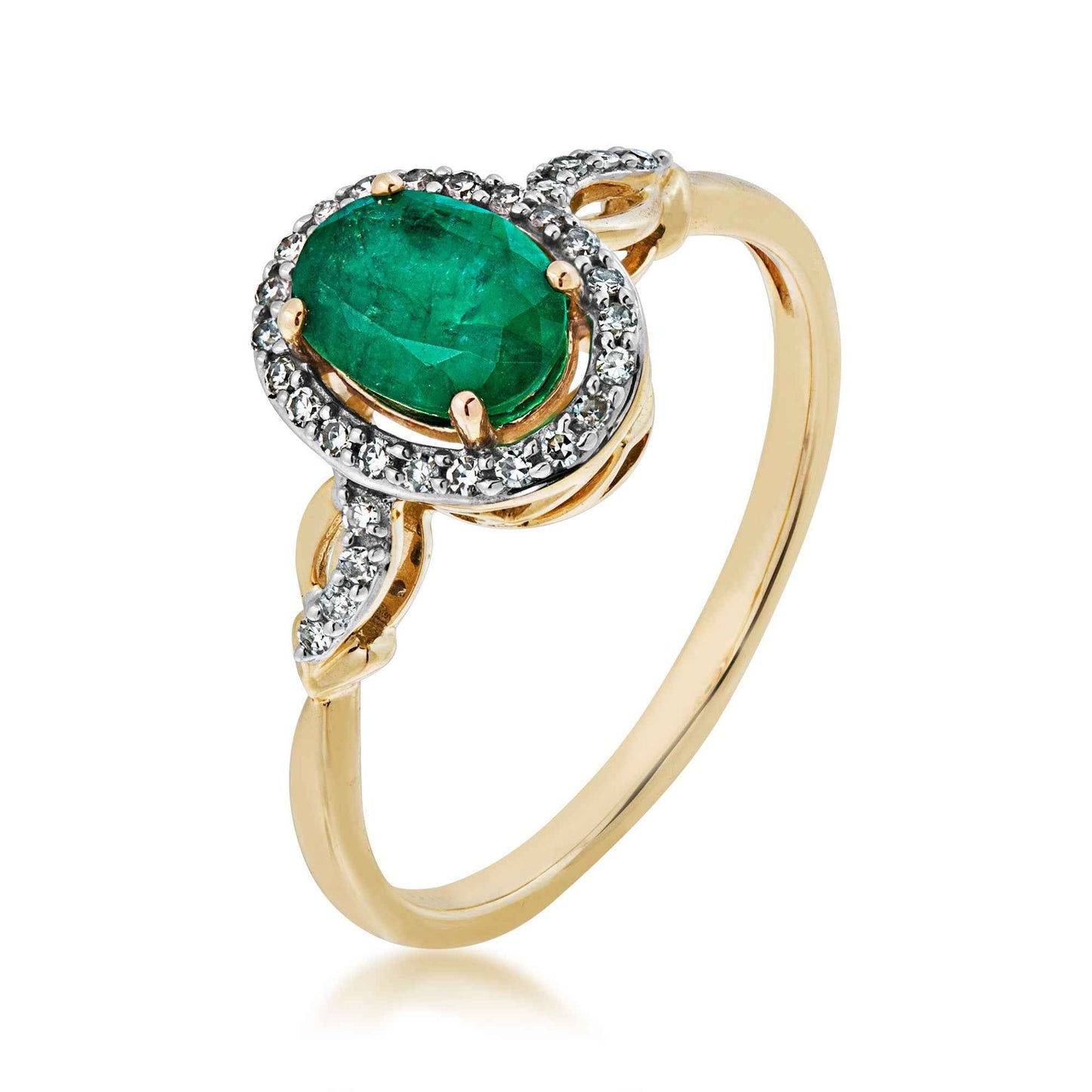 Genuine Oval Emerald Ring with 1/8 ct. tw. Diamond Halo & Mini Twist Accented Band in 10K Yellow Gold front view