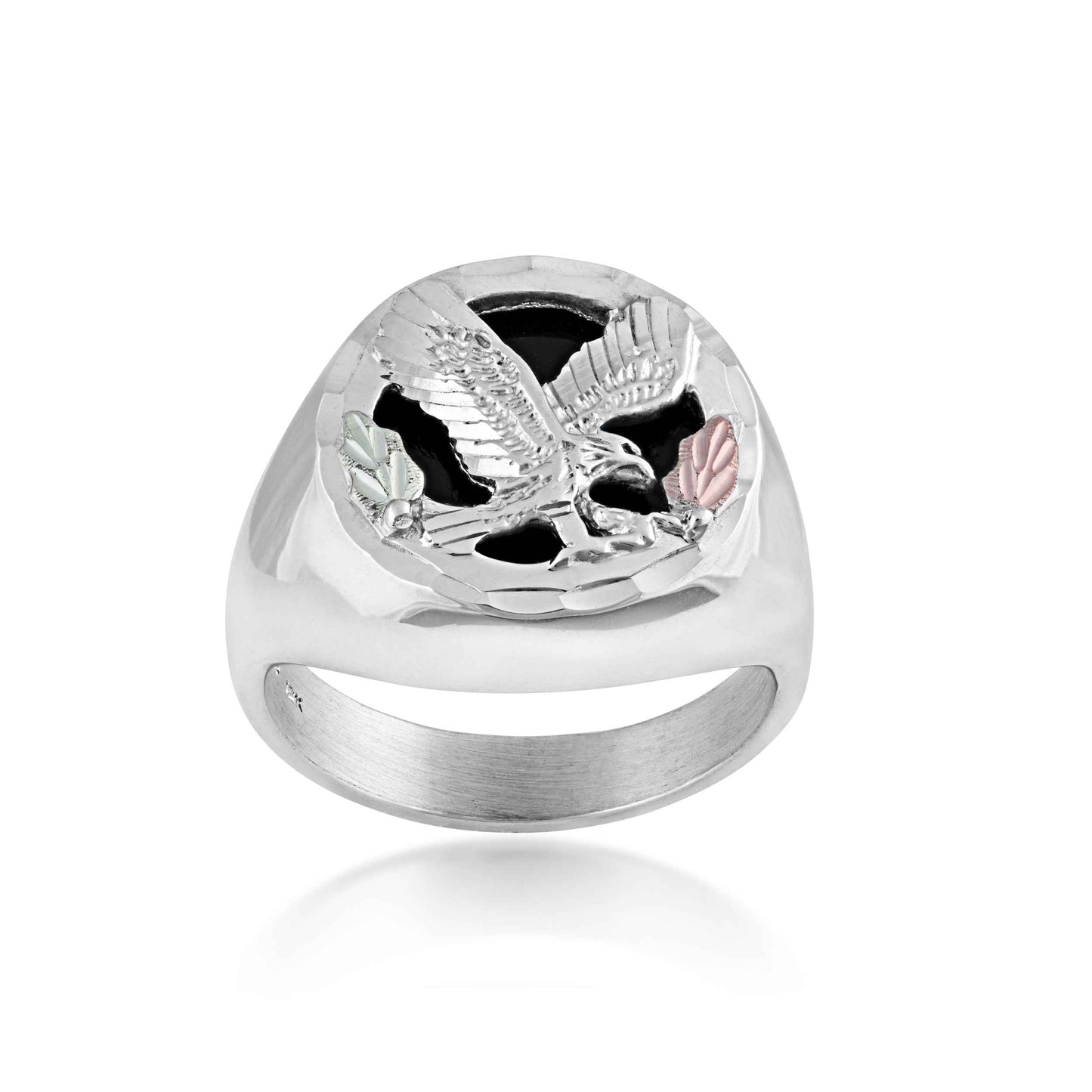 Black Hills Gold Men's Round Genuine Black Onyx Eagle Ring in Sterling Silver