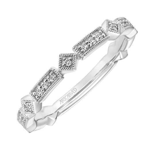 ArtCarved Vintage .13 ct. tw. Unique Alternating Diamond Design Wedding Band with Milgrain Edging in 14K White Gold