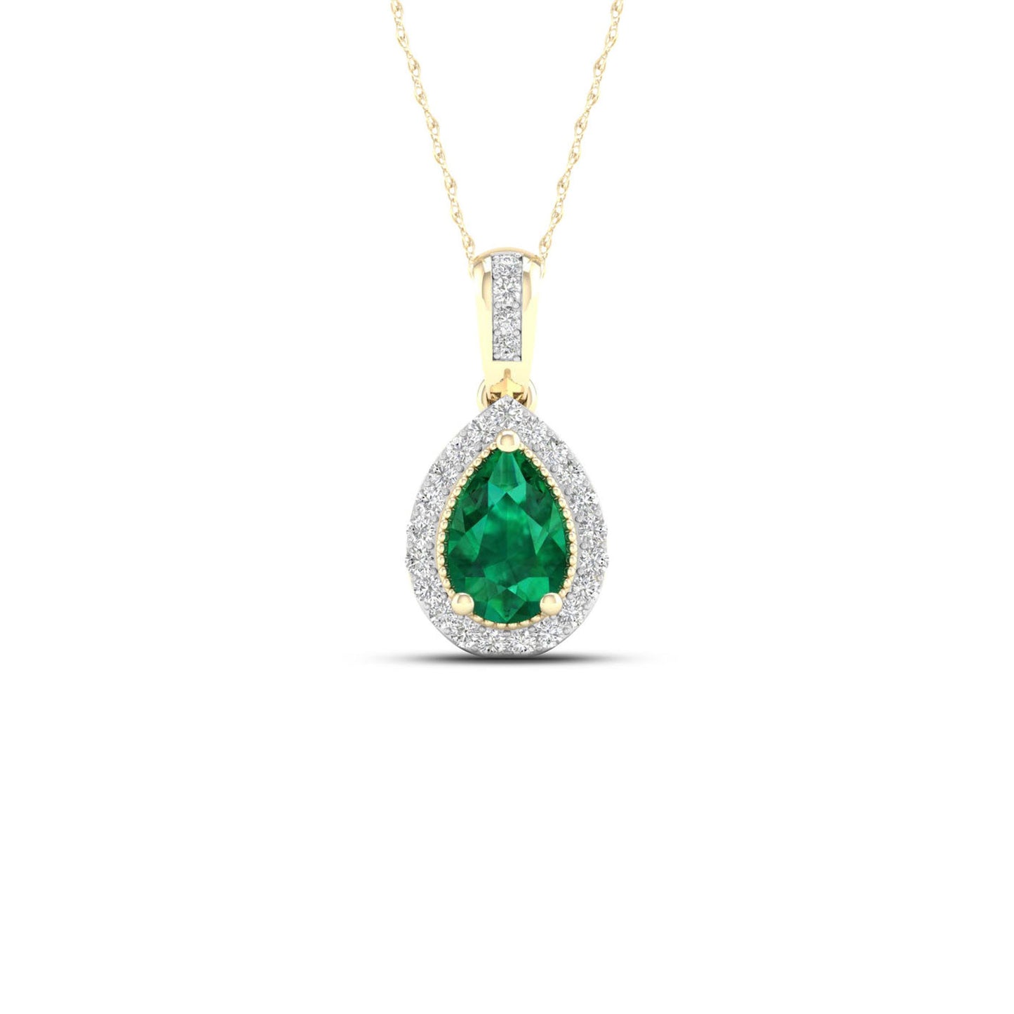 Pear Emerald and Diamond Accent Halo Pendant with Milgrain and Filigree Design in 10K Yellow Gold