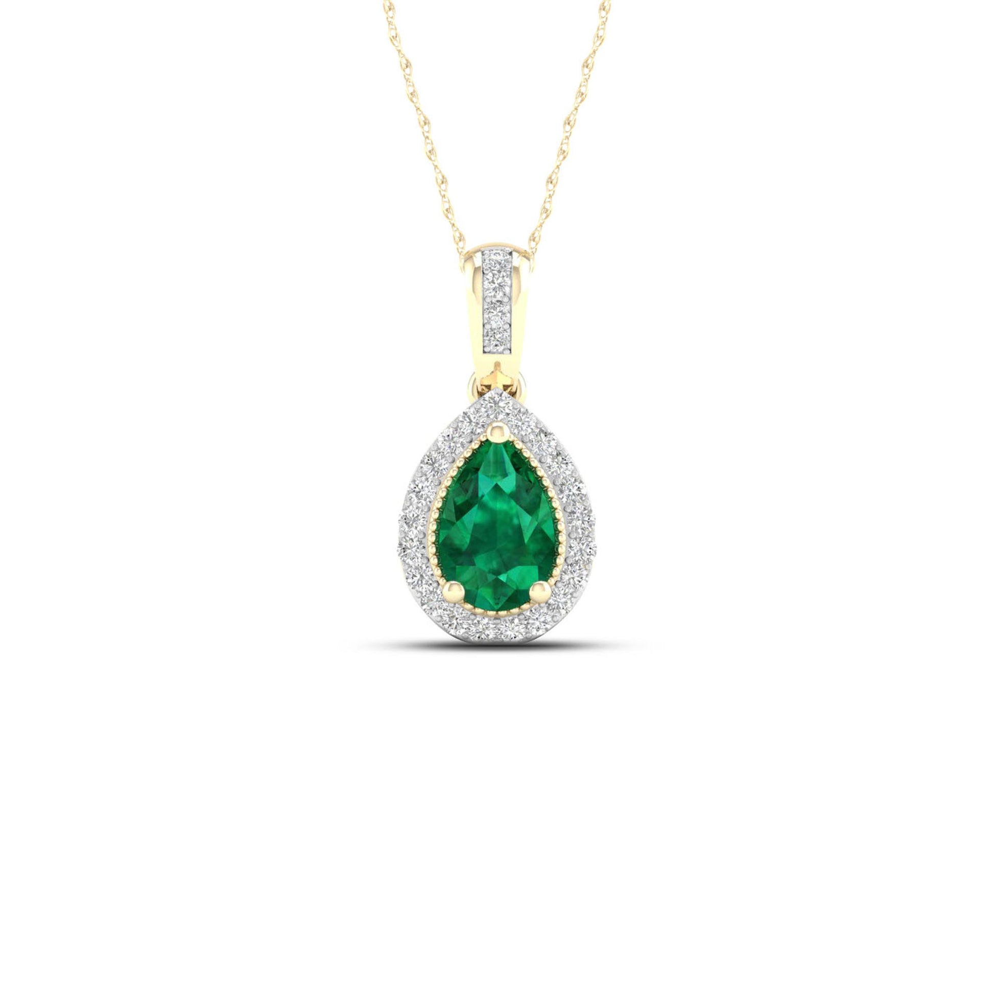 Pear Emerald and Diamond Accent Halo Pendant with Milgrain and Filigree Design in 10K Yellow Gold