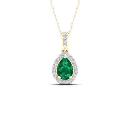 Pear Emerald and Diamond Accent Halo Pendant with Milgrain and Filigree Design in 10K Yellow Gold