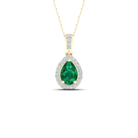 Pear Emerald and Diamond Accent Halo Pendant with Milgrain and Filigree Design in 10K Yellow Gold