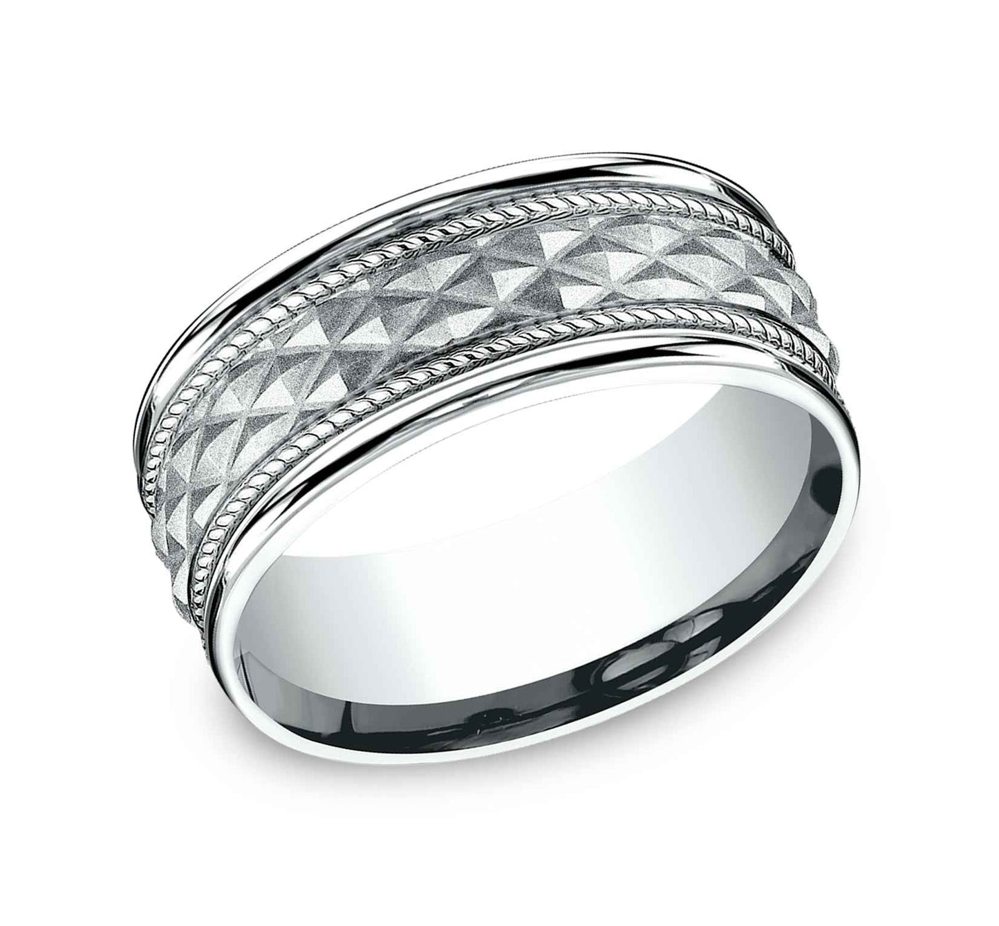 Benchmark Men's 8.0mm Crosshatch Wedding Band in 14K White Gold close-up detail