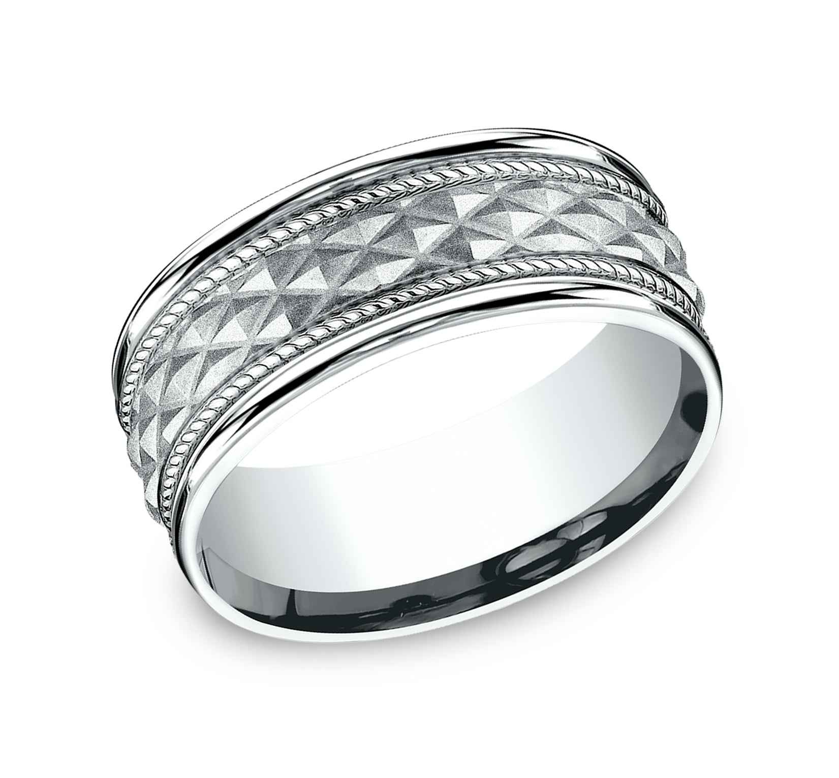 Benchmark Men's 8.0mm Crosshatch Wedding Band in 14K White Gold close-up detail