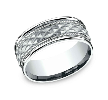 Benchmark Men's 8.0mm Crosshatch Wedding Band in 14K White Gold close-up detail