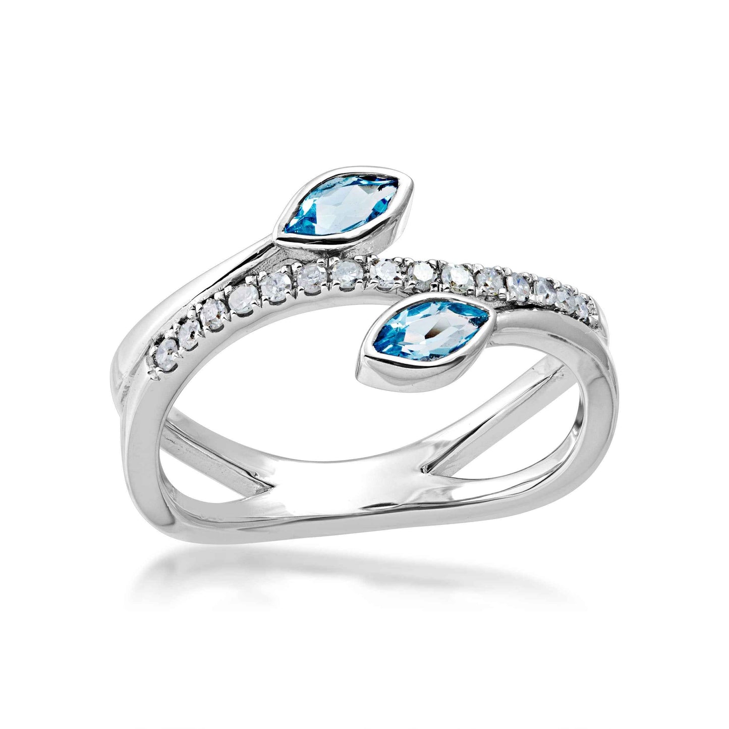 Swiss Blue Topaz Marquise-Shaped Bypass Ring with .15 ct. tw. Diamond Center Band in Sterling Silver
