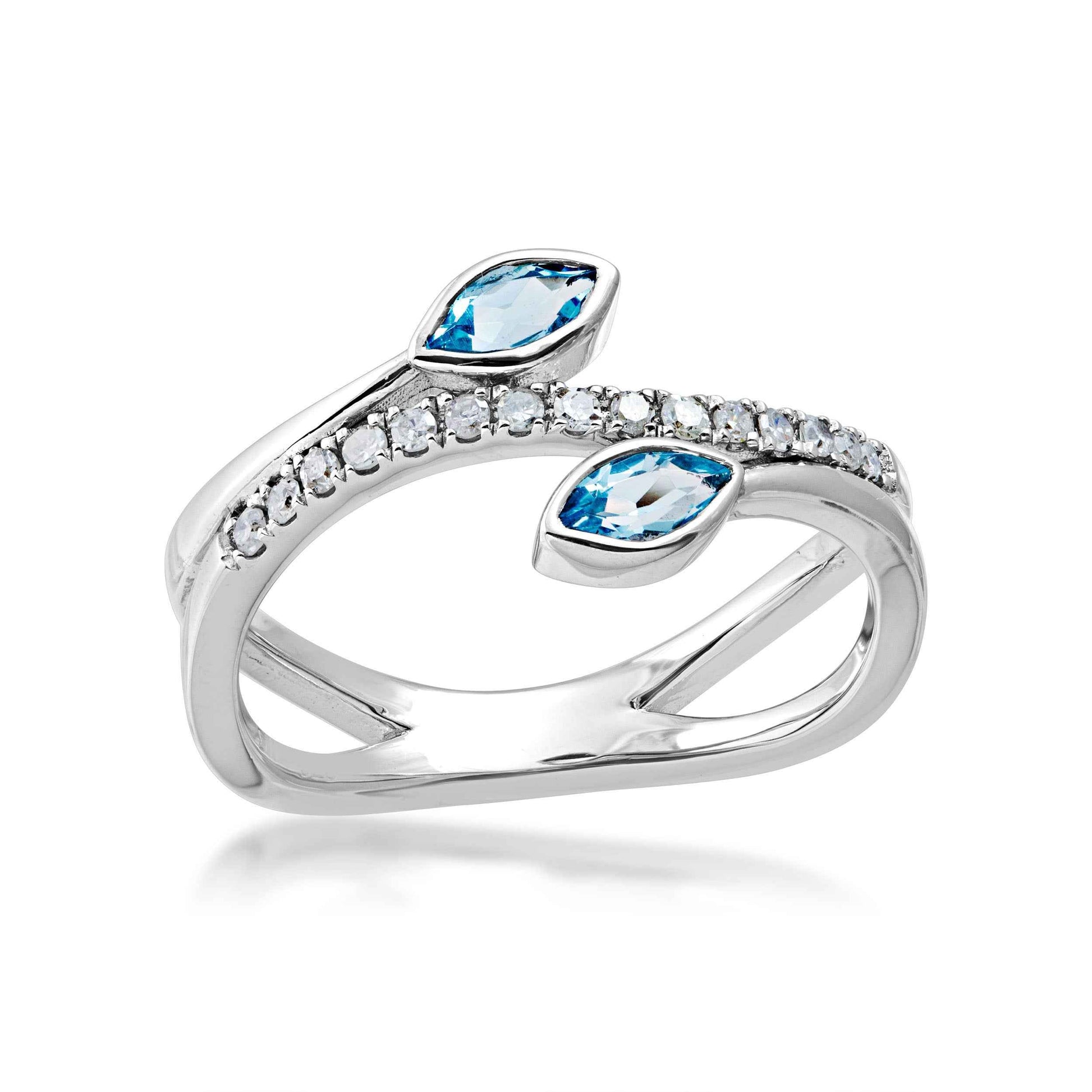 Swiss Blue Topaz Marquise-Shaped Bypass Ring with .15 ct. tw. Diamond Center Band in Sterling Silver