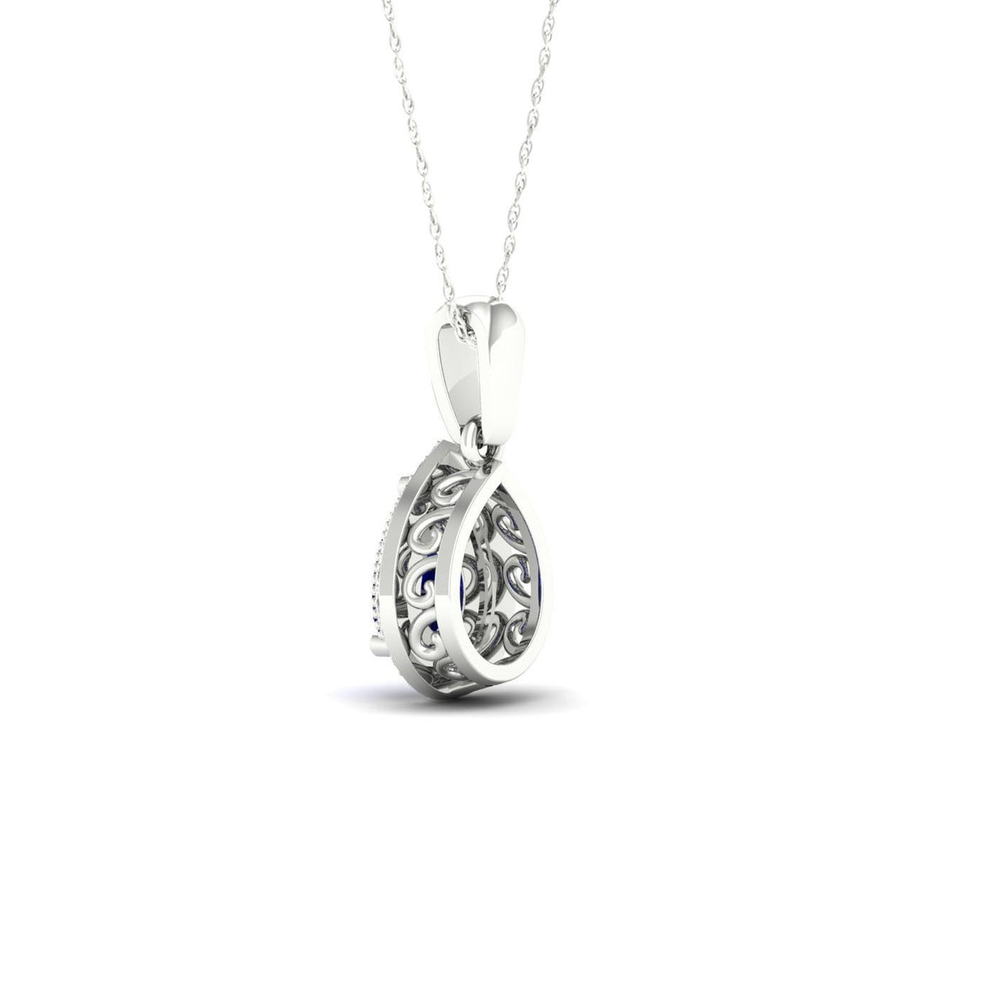 Blue Pear-Shaped Sapphire and .08 ct. tw. Diamond Halo Pendant with Milgrain and Filigree Detailing in 10K White front view