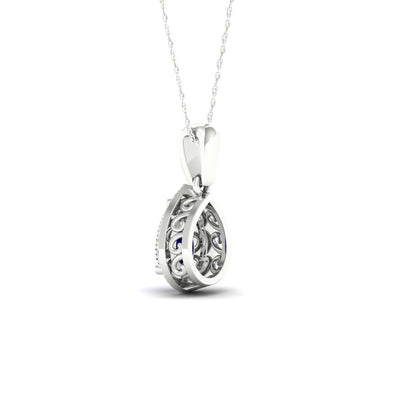 Blue Pear-Shaped Sapphire and .08 ct. tw. Diamond Halo Pendant with Milgrain and Filigree Detailing in 10K White front view