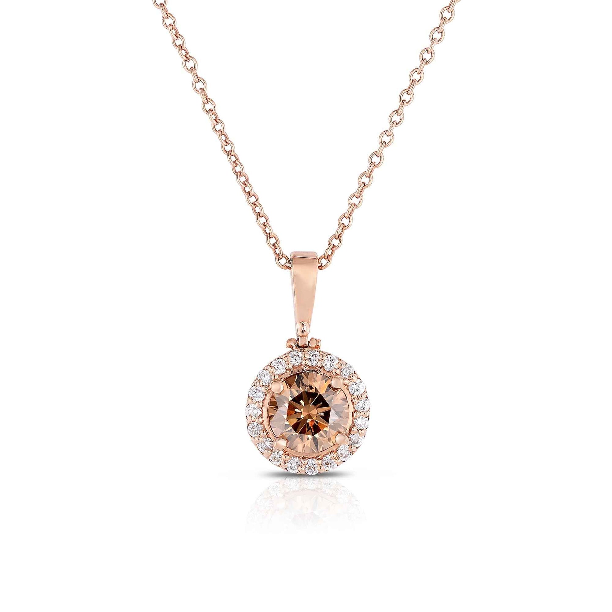 7/8 ct. tw. fancy colored and white round brilliant diamond halo pendant in 14K pink gold