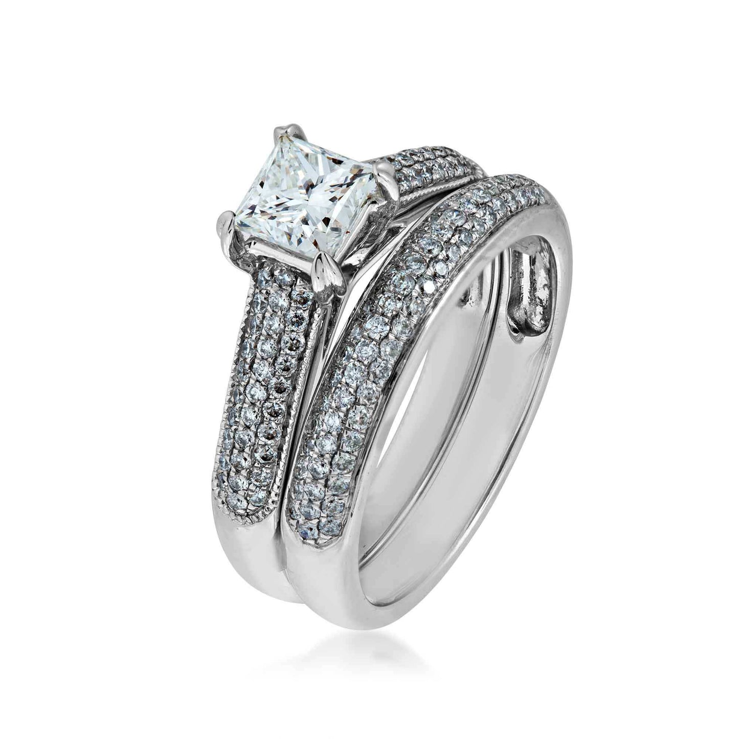 Timeless Collection 1-1/4 ct. tw. Princess Cut Wedding Set with Pave Bands in 14K White Gold front view