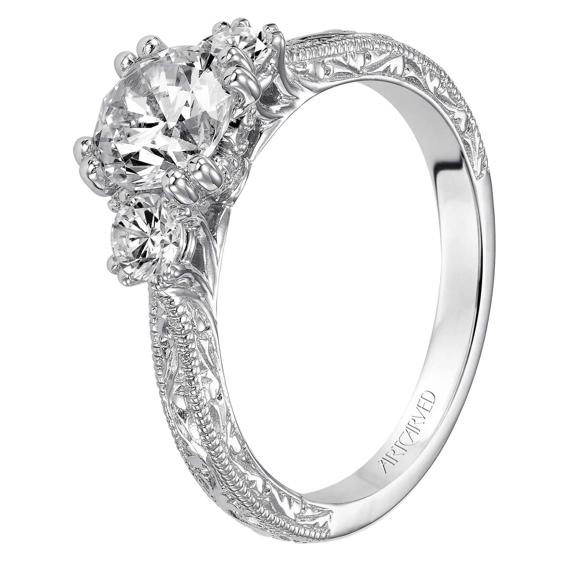 ArtCarved Vintage 1/3 ct. tw. Round Diamond Semi-Mount Engagement Ring with Milgrain and Filigree Detailing in 14K full view