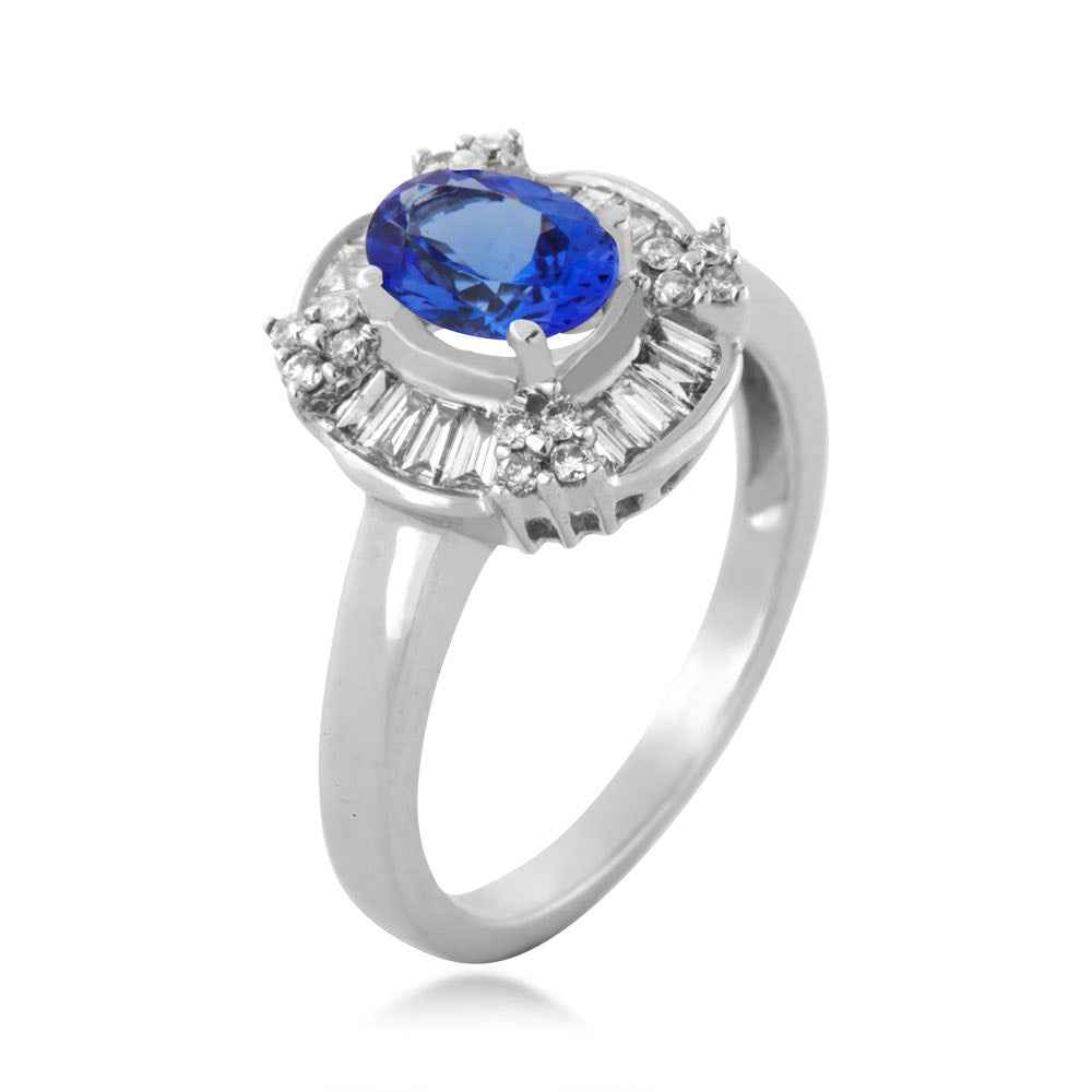 Oval Tanzanite & 1/2 ct. tw. Baguette & Round Diamond Halo Ring in 14K White Gold close-up detail