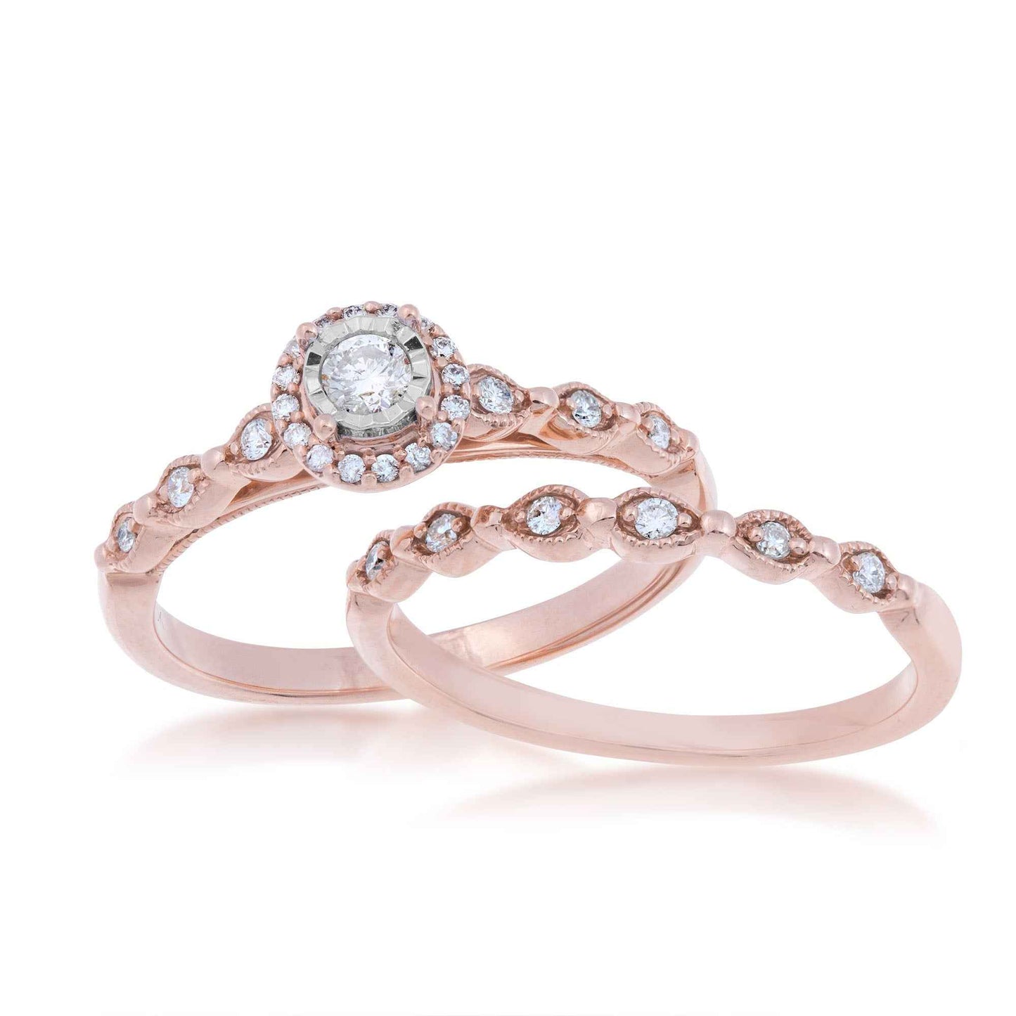 True Promise 1/4 ct. tw. Round Diamond Halo Wedding Set with Vintage Inspired Detailing in 10K Pink Gold close-up detail