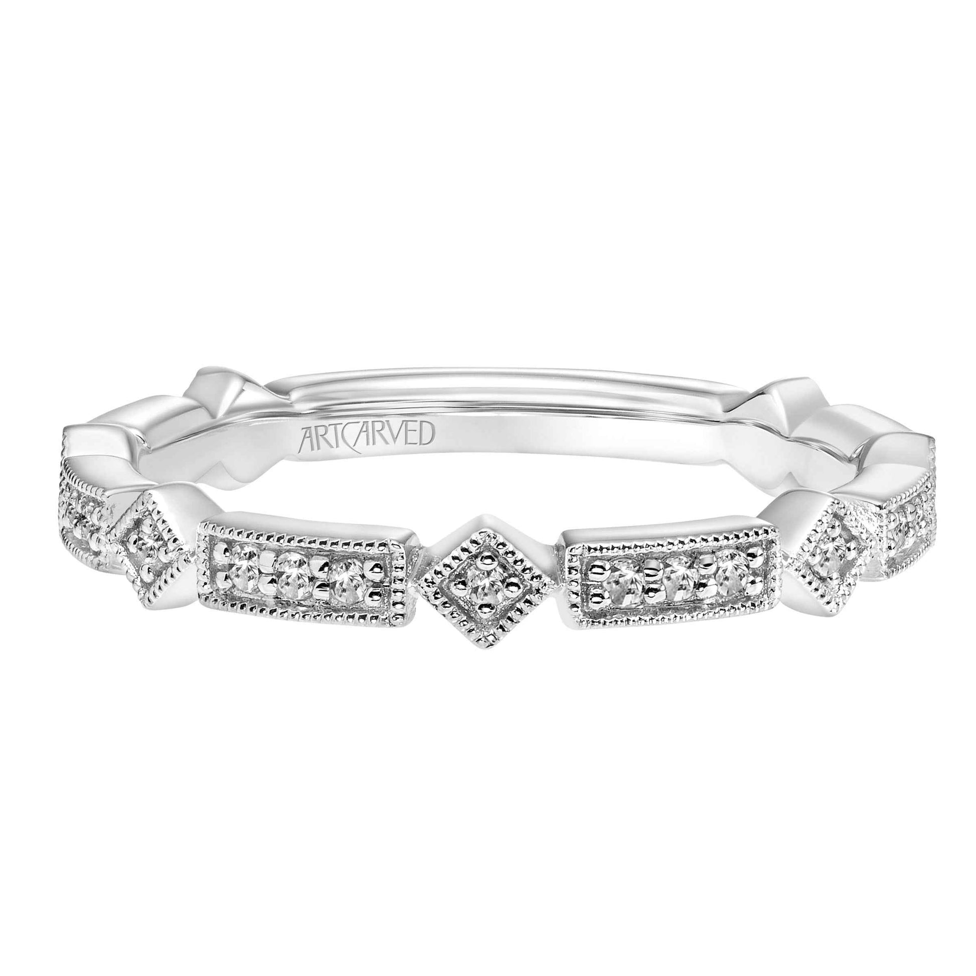ArtCarved Vintage .13 ct. tw. Unique Alternating Diamond Design Wedding Band with Milgrain Edging in 14K White front view