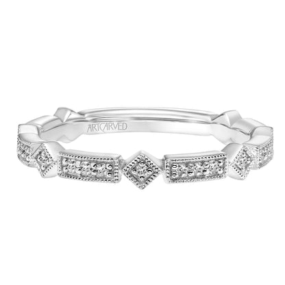 ArtCarved Vintage .13 ct. tw. Unique Alternating Diamond Design Wedding Band with Milgrain Edging in 14K White front view