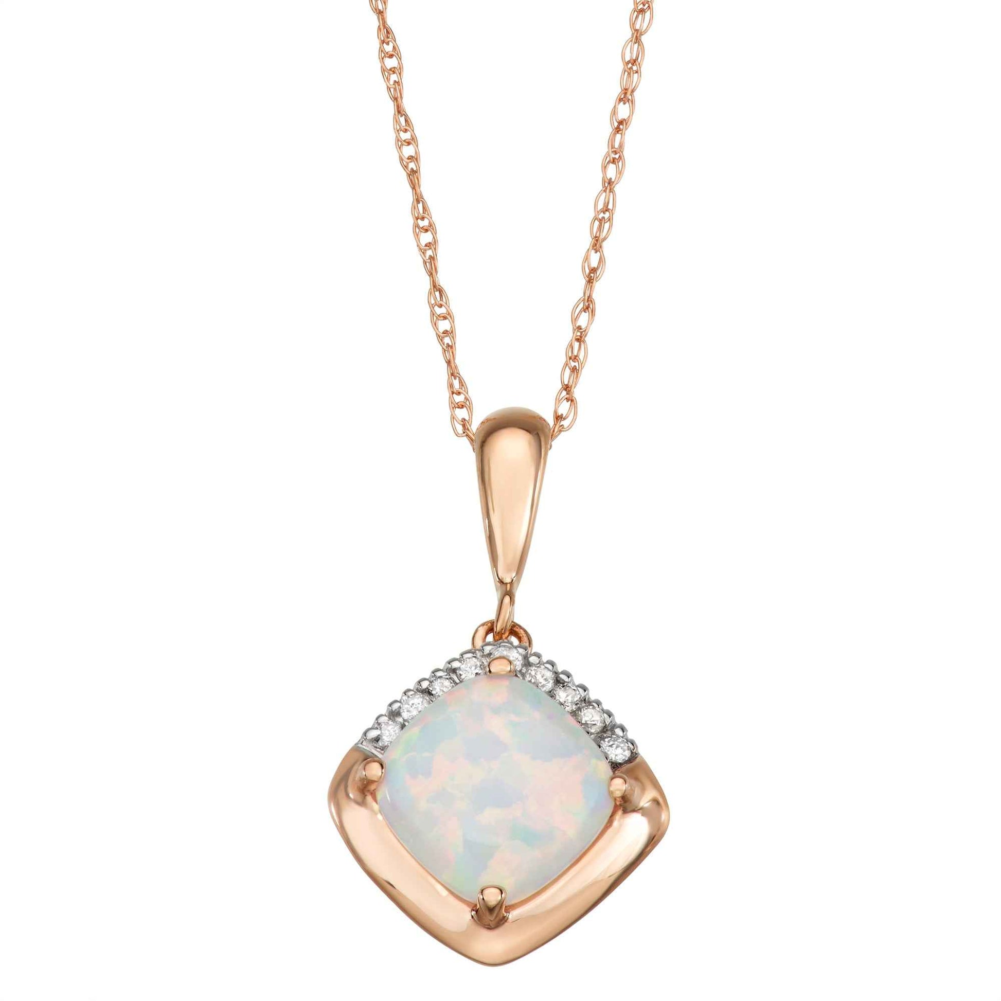 Created Cushion Opal and .045 ct. tw. Diamond Pendant in 10K Pink Gold