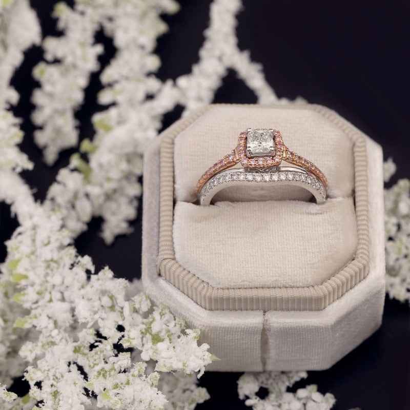 3/4 ct. tw. Cushion Cut Halo Diamond Wedding Set with Round Brilliant White & Pink Diamond Band in 14K close-up detail