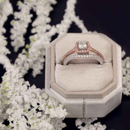 3/4 ct. tw. Cushion Cut Halo Diamond Wedding Set with Round Brilliant White & Pink Diamond Band in 14K close-up detail