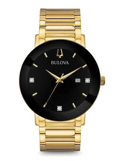 Bulova Modern Collection Men's Black Dial Watch with 3 Diamond Accent in Gold-Tone Stainless Steel
