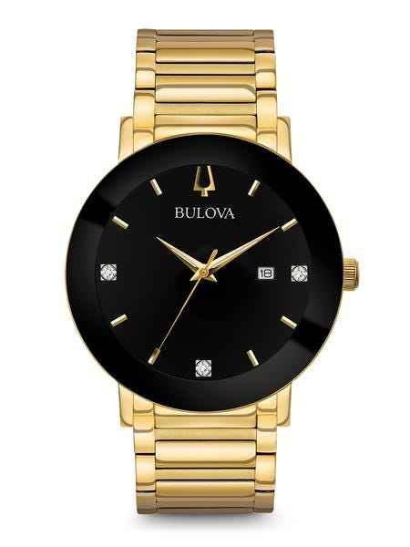 Bulova Modern Collection Men's Black Dial Watch with 3 Diamond Accent in Gold-Tone Stainless Steel