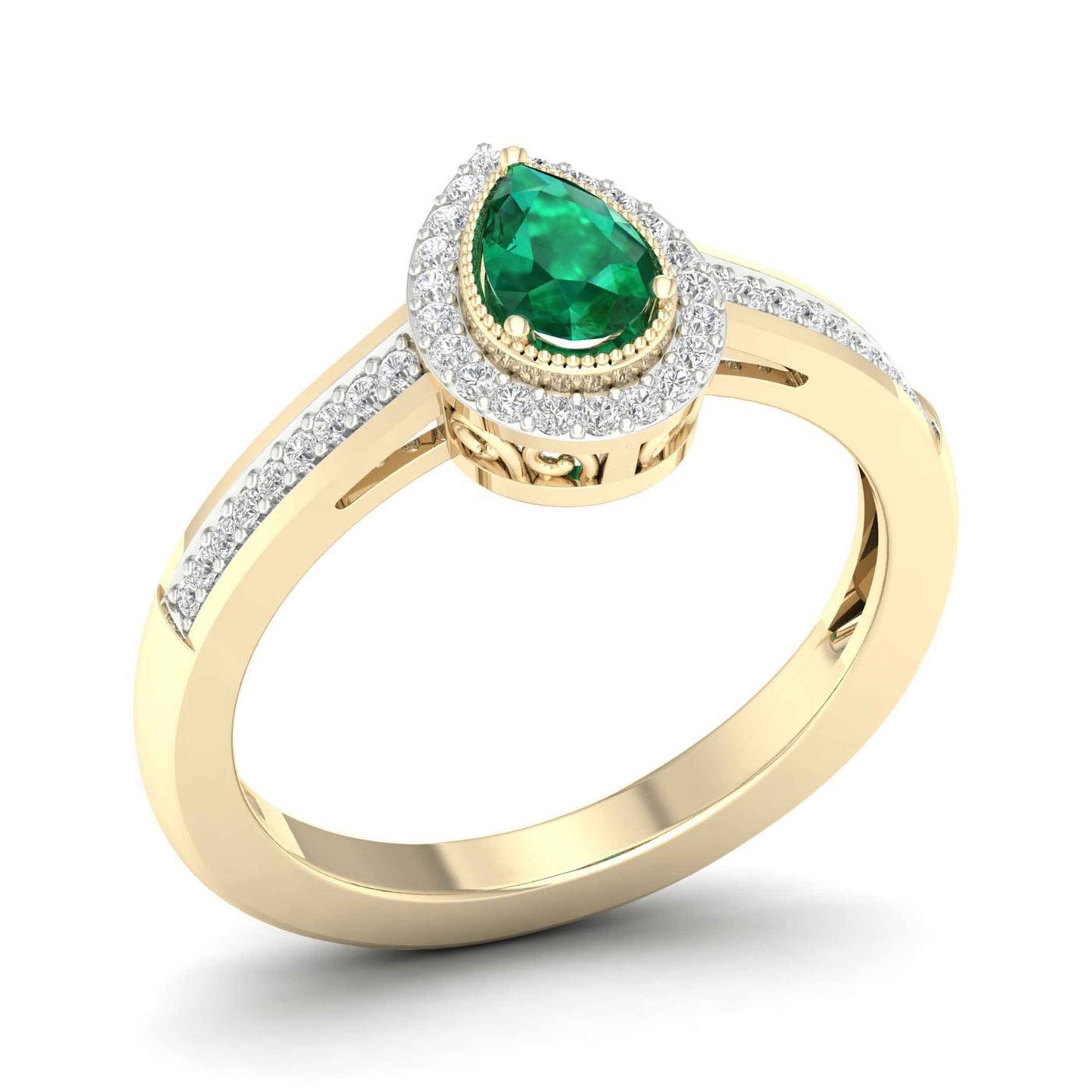 Green Pear-Shaped Emerald and 1/8 ct. tw. Diamond Halo Ring with Milgrain and Filigree Design in 10K Yellow Gold front view