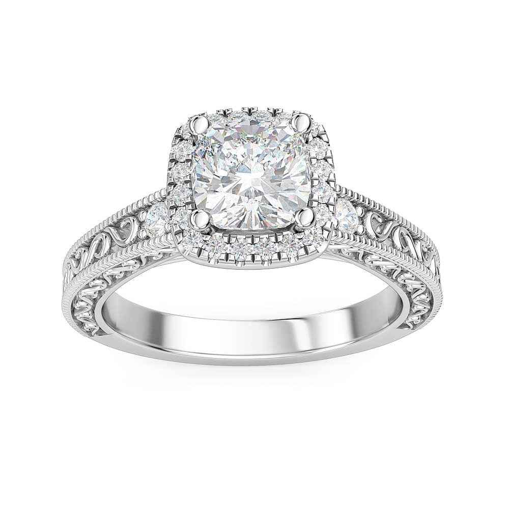 Designed With Love 1/5 ct. tw. Diamond Halo Semi-Mount Engagement Ring with Filigree & Milgrain Band in 14K White Gold