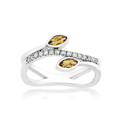 Marquise Citrine and 1/6 ct. tw. Diamond Fashion Ring with Leaf Design in Sterling Silver