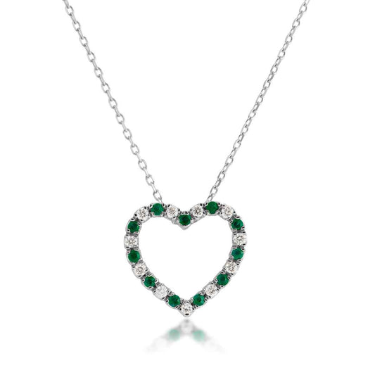 Emerald and .08 ct. tw. Diamond Heart Pendant in 10K White Gold
